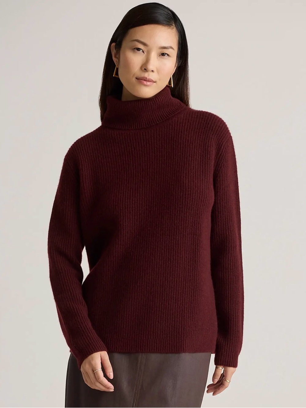 Quince Mongolian Cashmere Fisherman Turtleneck Sweater Women Small Burgundy NEW